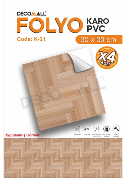 K-21 Kendinden Yapışkanlı Folyo Karo Suya Dayanıklı Mutfak Banyo Zemin Kaplama 30X30 Cm(4 Adet)