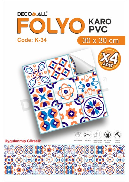 K-34 Kendinden Yapışkanlı Folyo Karo Suya Dayanıklı Mutfak Banyo Zemin Kaplama 30X30 Cm(4 Adet)