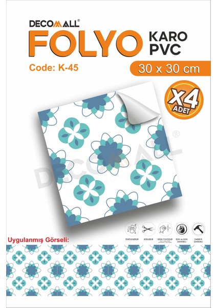 K-45 Kendinden Yapışkanlı Folyo Karo Suya Dayanıklı Mutfak Banyo Zemin Kaplama 30X30 Cm(4 Adet)