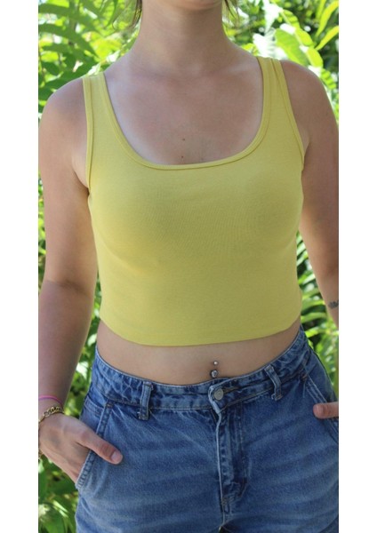Kadın Sarı Basic Ribana Atlet Crop – Likralı Spor Üst