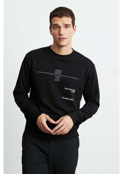 Jax Erkek Düz Önü ve Arkası Baskılı Bisiklet Yaka Siyah Sweatshirt