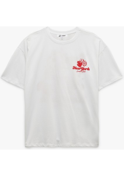 Kısa Kollu Bisiklet Yaka Pamuklu Arkası Çilek Baskılı Oversize Tişört fırsatları