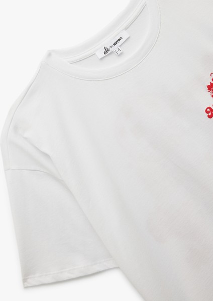 Kısa Kollu Bisiklet Yaka Pamuklu Arkası Çilek Baskılı Oversize Tişört