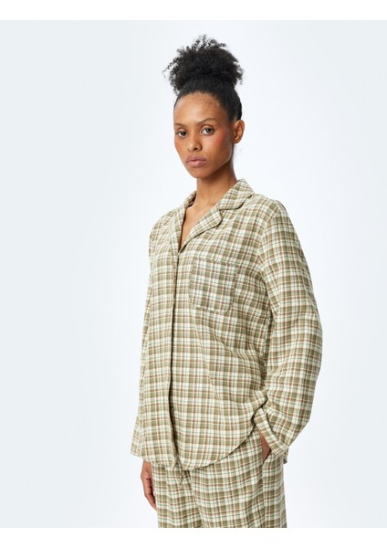 Pamuklu Gömlek Yaka Uzun Kollu Ekose Pijama Üstü