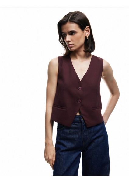 Astarlı Kolsuz Düğmeli V Yaka Blazer Yelek