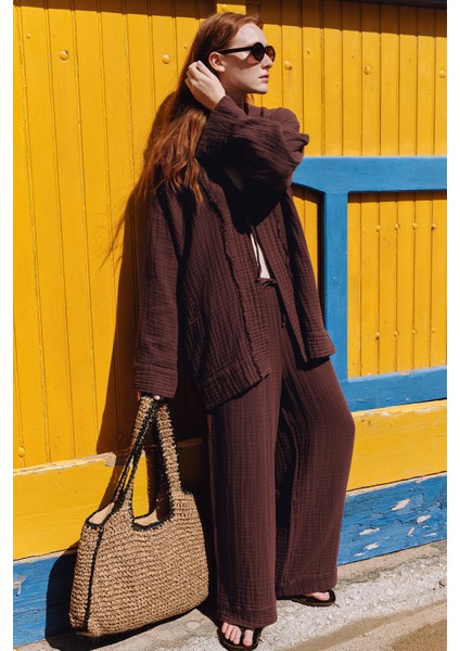 Müslin Bağlamalı Pantolon Acı Kahve