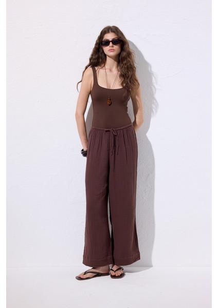 Müslin Bağlamalı Pantolon Acı Kahve modelleri