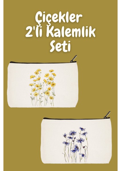 Sarı ve Mor Çiçekler 2'li Makyaj Seti, Kalemlik, Cüzdan, Bez Çanta