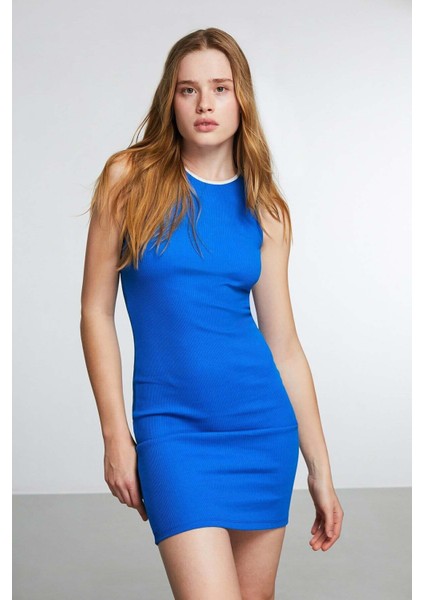 Malta Yuvarlak Yaka Bodycon Mini Saks Mavi Elbise