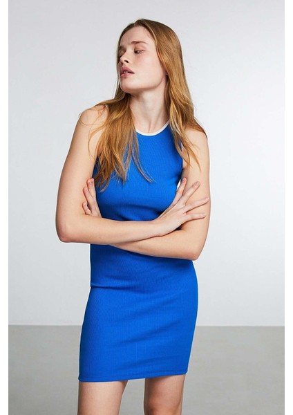 Malta Yuvarlak Yaka Bodycon Mini Saks Mavi Elbise fiyatları