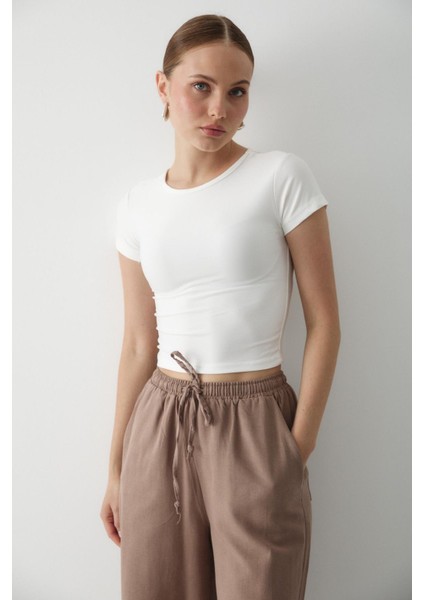 Vizon Beli Lastikli Pamuklu Keten Pantolon