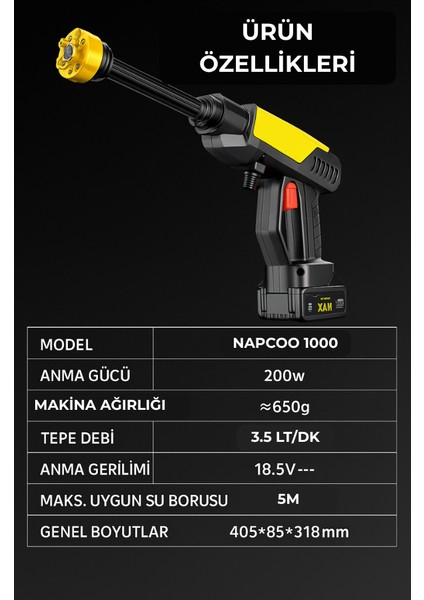 Kablosuz Yüksek Basınçlı Yıkama Tabancası | 460W | 290 PSI | 6 Başlık
