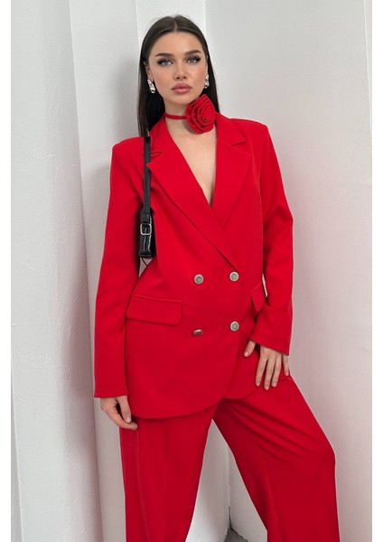 Kadın Ikili Blazer Ceket Pantolon Takım Güllü Aksesuar ve Düğme Detaylı Bol Paça Takım modelleri