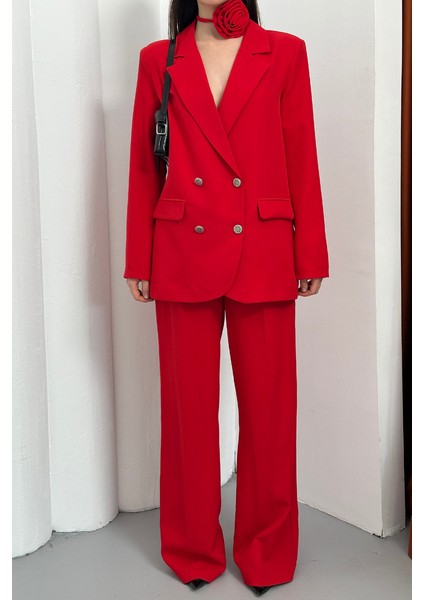 Kadın Ikili Blazer Ceket Pantolon Takım Güllü Aksesuar ve Düğme Detaylı Bol Paça Takım fırsatları