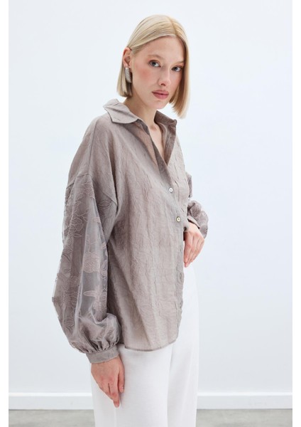 Nakış Detaylı Kraşlı Gömlek - Vizon indirimleri