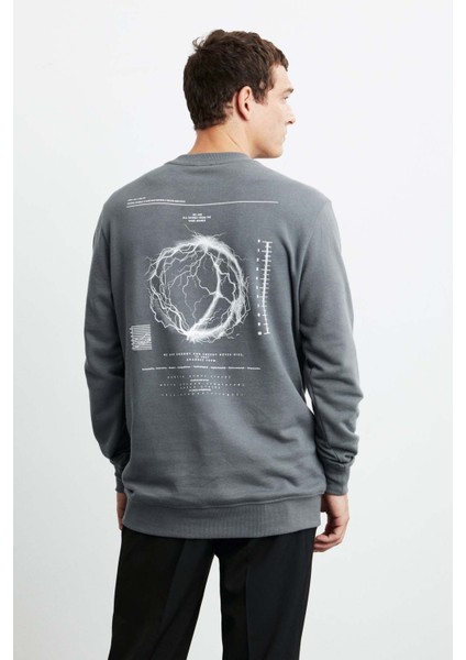 Jax Erkek Düz Önü ve Arkası Baskılı Bisiklet Yaka Gri Sweatshirt