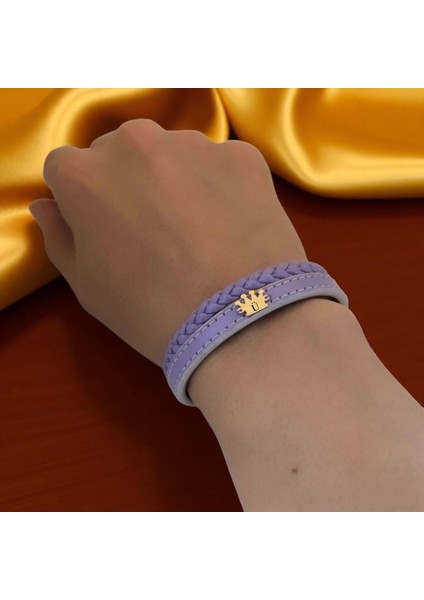 Ü Harfine Özel Taç Figürlü 14 Ayar Altın Plakalı Açık Mor Derili Hediye Bileklik-516 Harf