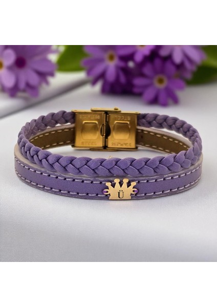 Ü Harfine Özel Taç Figürlü 14 Ayar Altın Plakalı Açık Mor Derili Hediye Bileklik-516 Harf fiyatları