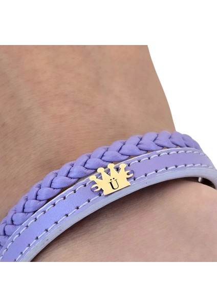 Ü Harfine Özel Taç Figürlü 14 Ayar Altın Plakalı Açık Mor Derili Hediye Bileklik-516 Harf fırsatları