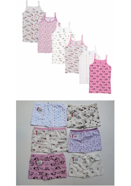 6'lı Paket Ceylanoğlu Desenli Kız Geniş Askılı Atlet-6 Lı Desenli Kız Boxer Takım Set Pamuklu