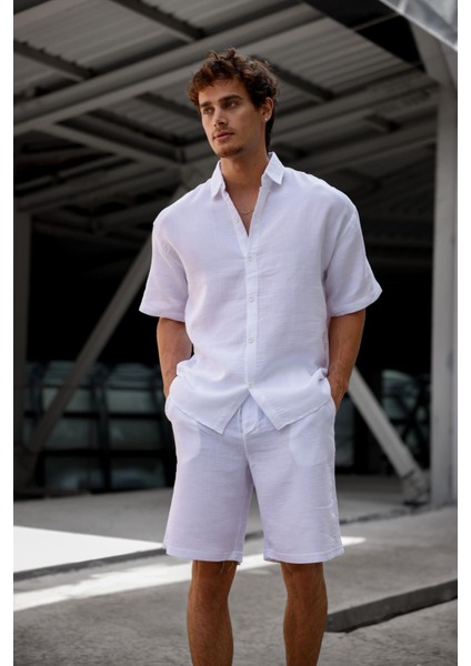 Beyaz Renk Keten Görünümlü Müslin Yazlık Takım - Gömlek ve Şort Erkek Takım