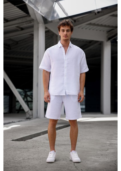 Beyaz Renk Keten Görünümlü Müslin Yazlık Takım - Gömlek ve Şort Erkek Takım fiyatları