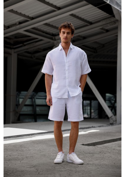 Beyaz Renk Keten Görünümlü Müslin Yazlık Takım - Gömlek ve Şort Erkek Takım modelleri