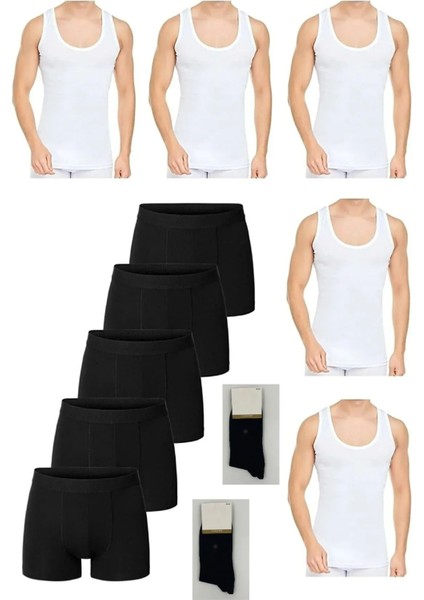 Ekonomik Pamuklu 5'li Erkek Beyaz Atlet-Boxer Set 2 Çift Çorap Hediyeli