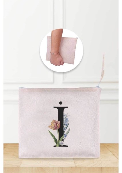 Şık Bej Keten Desenli Makyaj Çantası, Pratik ve Hafif Tasarım