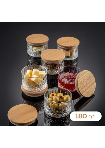 6'lı Set Ahşap Kapaklı Cam Kase Çerezlik Çikolatalık Sunum Seti 180 ml