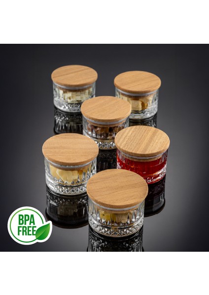 6'lı Set Ahşap Kapaklı Cam Kase Çerezlik Çikolatalık Sunum Seti 180 ml modelleri