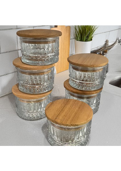 6'lı Set Ahşap Kapaklı Cam Kase Çerezlik Çikolatalık Sunum Seti 180 ml fırsatları