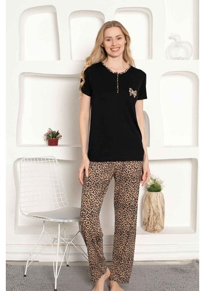 Kadın Leopar Baskı Kısa Kol Uzun Alt Pijama Takımı