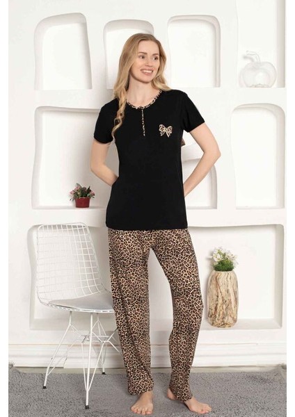 Kadın Leopar Baskı Kısa Kol Uzun Alt Pijama Takımı modelleri