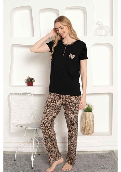 Kadın Leopar Baskı Kısa Kol Uzun Alt Pijama Takımı fırsatları