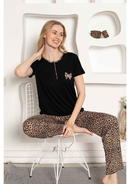 Kadın Leopar Baskı Kısa Kol Uzun Alt Pijama Takımı indirimleri