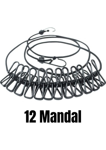 12 Mandallı Elastik Çamaşır Aparatı Ipi 185-380 cm Uzunluk Pratik Çamaşır Asma Ipi