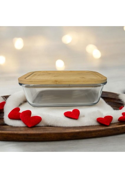 Cam Saklama Kabı 1500 cc - Isıya Dayanıklı -Sızdırmaz Bambu Kapaklı - (22 cm x 16,5 Cm)