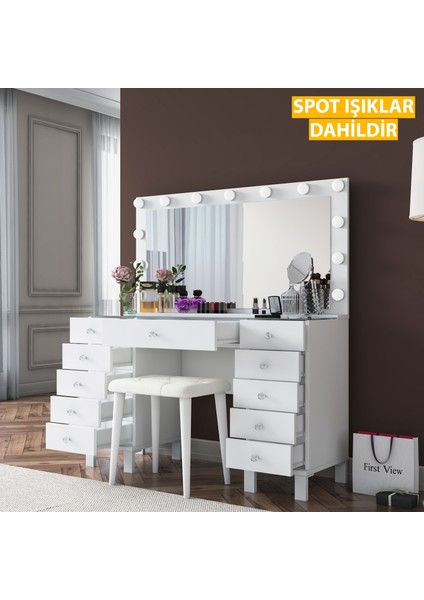 BJ163 Hollywood Işıklı Aynalı Kulis Makyaj Masası Cam Tablalı 11 Çekmeceli Takı Düzenleyici Puf Takım Beyaz modelleri