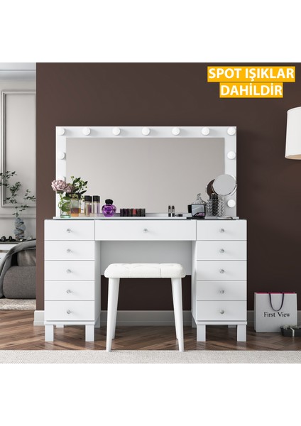 BJ163 Hollywood Işıklı Aynalı Kulis Makyaj Masası Cam Tablalı 11 Çekmeceli Takı Düzenleyici Puf Takım Beyaz indirimleri