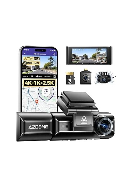 Azdome M550 Max 4K Araç Kamerası - Üç Kameralı (Ön, Arka ve Iç), Wifi, Gps, G Sensör & Gece Görüş S