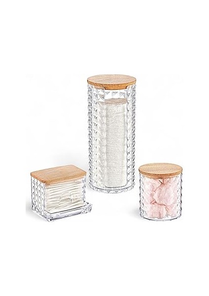 Ahşap Kapaklı 3'lü Organizer Set, Model Modern Pamukluk Düzenleyici Şık 3'l