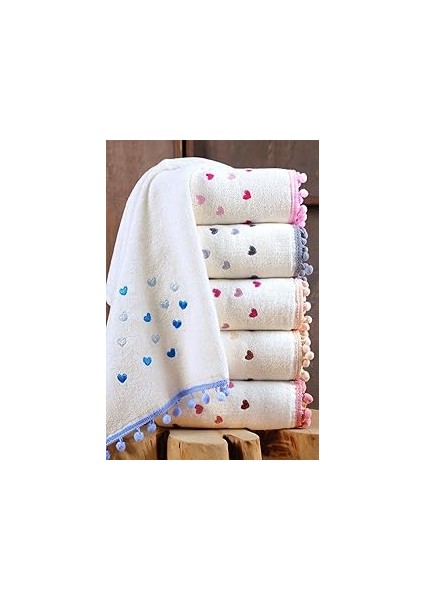 Ponponlu 6 Adet Kalpli Nakışlı - Kalp Desenli El ve Yüz Havlu Seti - Mutfak Havlusu 30X50 cm Çok Re