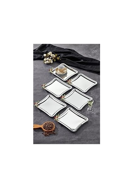 Mayaglory Elegante Square Serisi, Bacche Rosso Kulp Desenli Krom Sunum Söz Nişan Tepsisi, 22X22CM,