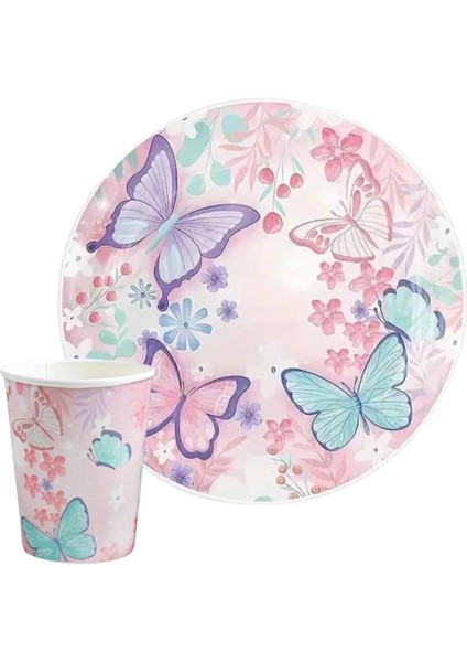 Pembe Kelebek Desenli 8'li Tabak Bardak Set