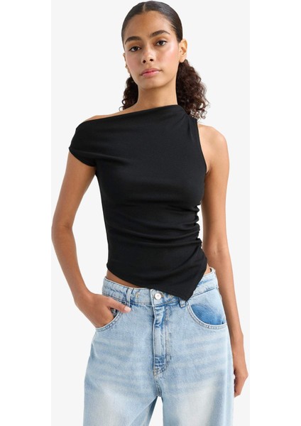 Slim Fit Dar Kesim Tek Omuzlu Ribana Siyah Bluz F2453AX25SM modelleri