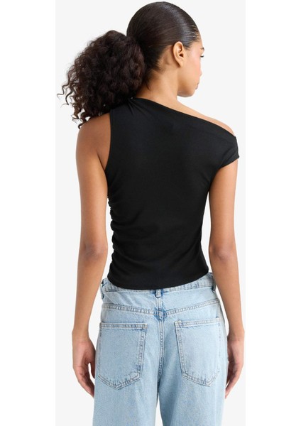 Slim Fit Dar Kesim Tek Omuzlu Ribana Siyah Bluz F2453AX25SM