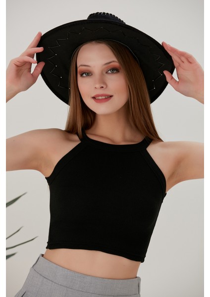 Siyah Fitted/vücuda Oturan Iki Omuzu Açık Miami Fitilli Esnek Örme Bluz