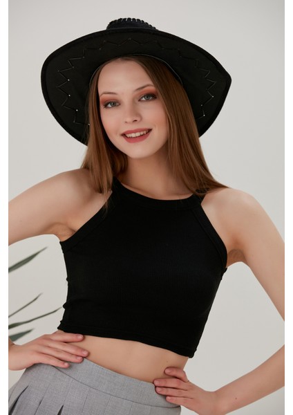 Siyah Fitted/vücuda Oturan Iki Omuzu Açık Miami Fitilli Esnek Örme Bluz