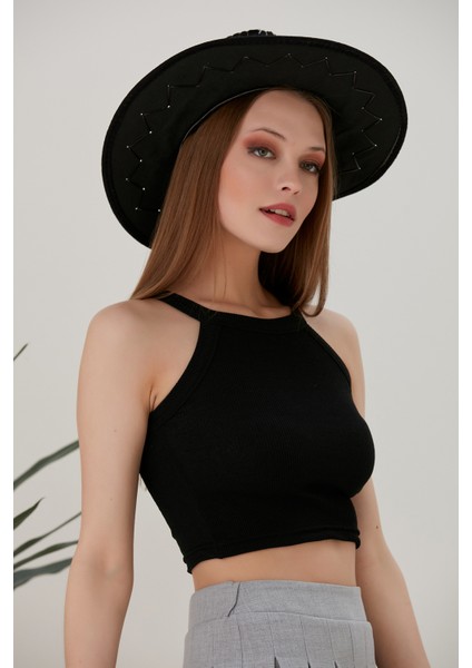 Siyah Fitted/vücuda Oturan Iki Omuzu Açık Miami Fitilli Esnek Örme Bluz
